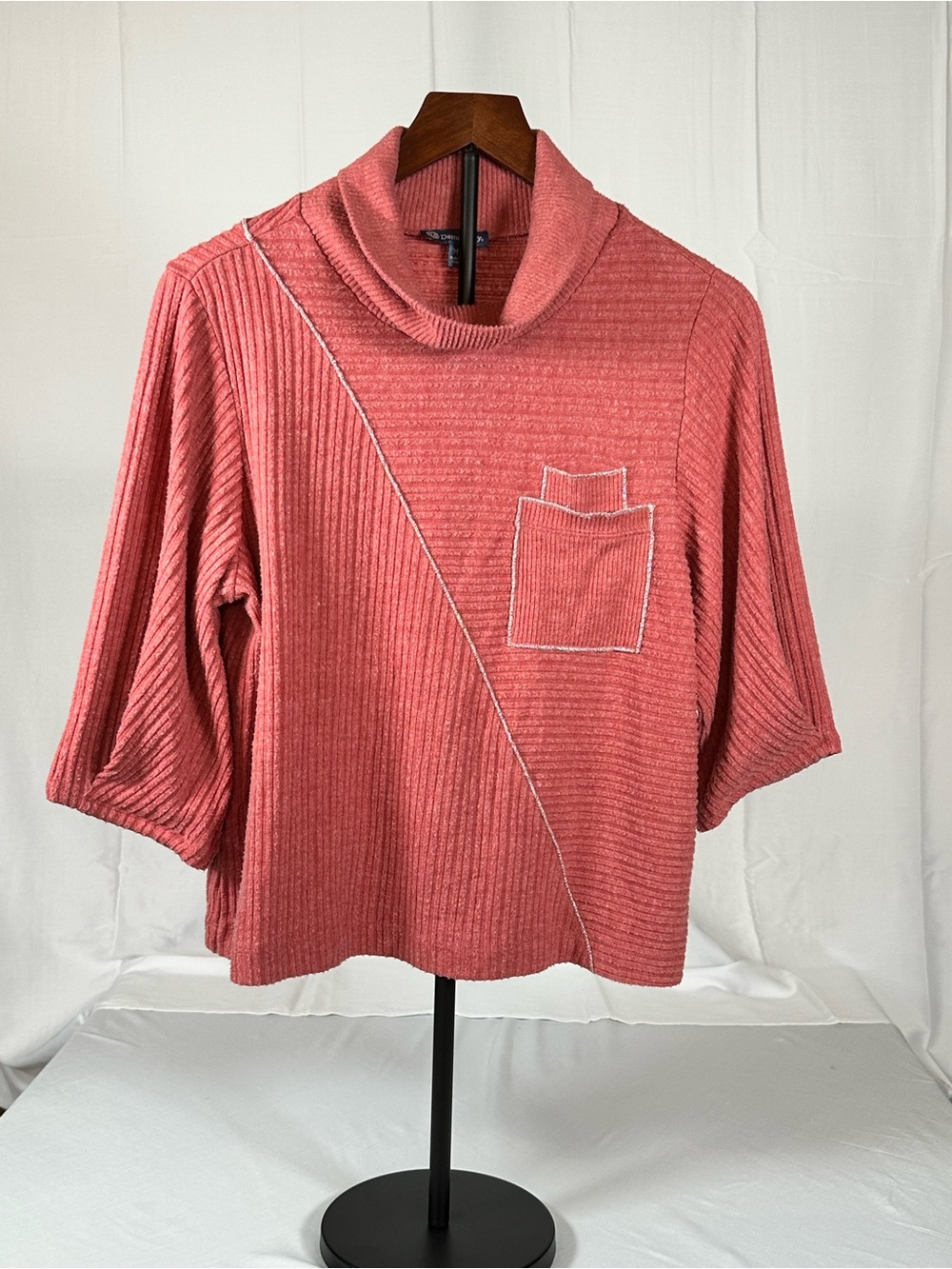 Democracy Coral Ribbed Cowl Neck Sweater with Pocket Detail